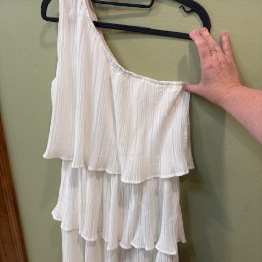 ZESICA Women's Boho One Shoulder Ruffle Tiered Mini Dress Medium/Cream